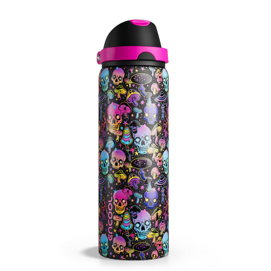 Halloween Insulated Water Bottle with Straw - Stainless Steel Water Bottle with Push Button Lid, Leak-Proof BPA-Free, Keeps Cold for 24 Hours for Halloween gifts, Party (32 oz, Trippy Skulls)