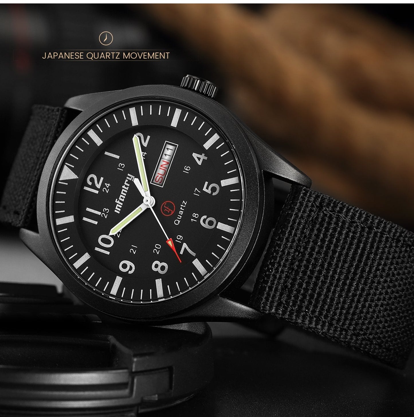 Infantry Mens Military Army Outdoor Sport Watch Field Tactical Black Wrist Watches for Men Waterproof 24 Hour Work Date Day Analog Wristwatch Nylon Band