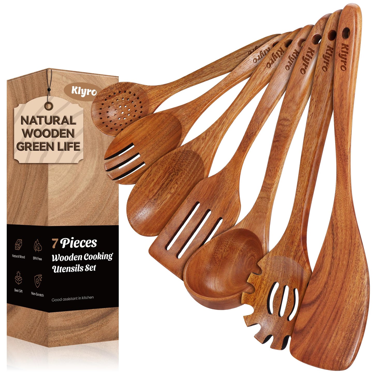 KLYRO Kitchen Utensils Set, 7 Piece Premium Cooking Utensils Set, Durable Non-Stick Wooden Spoons for Cooking, Kitchen Essentials for New Home