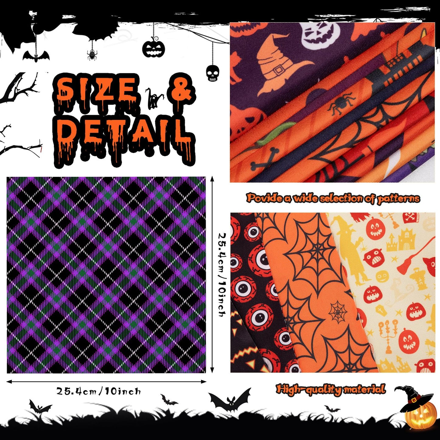 60 Pcs 10 x 10 Inch Halloween Fabric Polyester Fabric Bundle Fat Quarters Bat Pumpkin Ghost Skull Print Squares Holiday Quilting for DIY Decorations Sewing Craft, 30 Styles (Pumpkin)