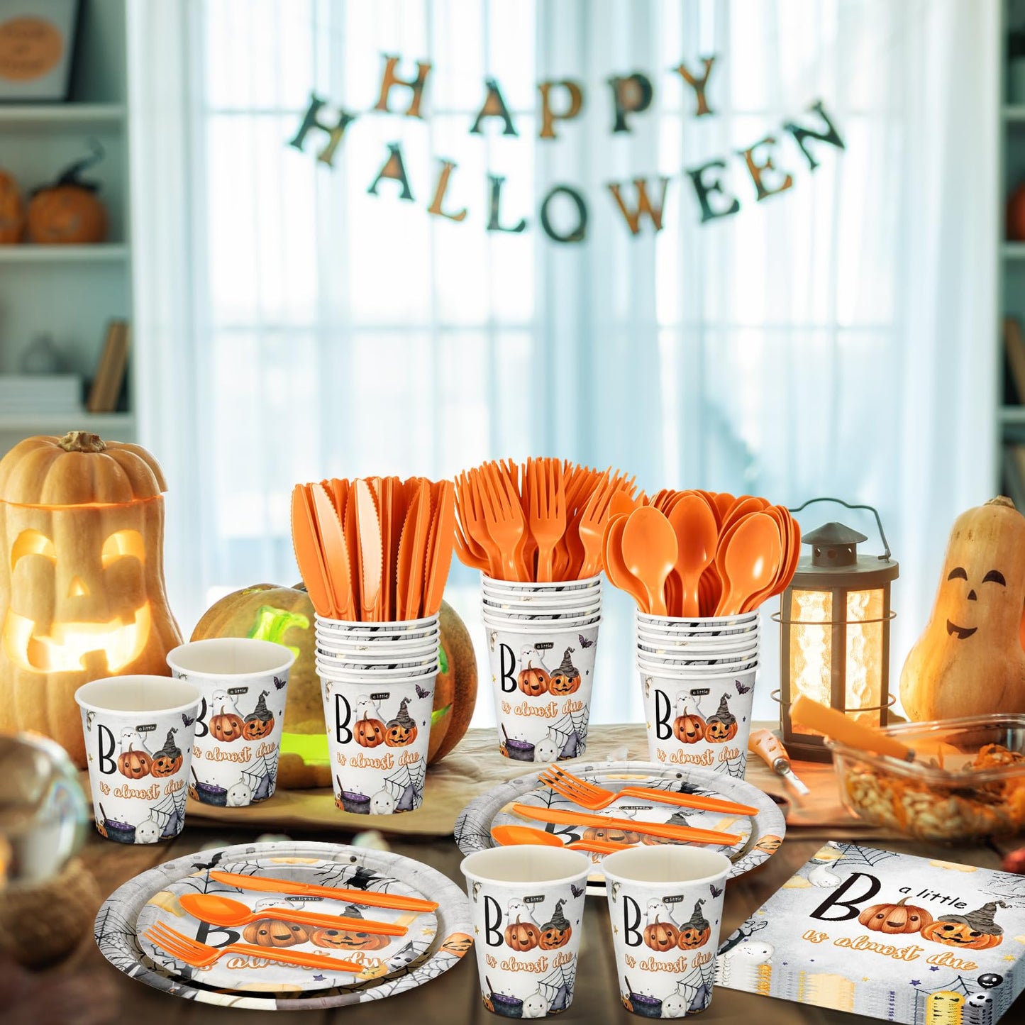 Dandat 350 Pcs Baby Shower Plates Set Baby Shower Party Supplies Serves 50 Tableware Sets Include Plates Napkin Cup Forks Knives Spoons Disposable Dinnerware(Boo,Orange)