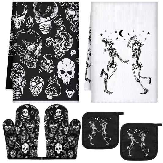Leinuosen 6 Pcs Halloween Skull Kitchen Towels Oven Mitts and Pot Holders Set Skeleton Hand Dish Towels Skull Oven Mitt Set for Kitchen Home Decorations Cooking Baking Gifts (Classic Color,Skeleton)