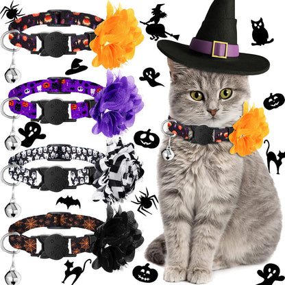 4 Pieces Halloween Cat Collar Breakaway Cat Collars with Bell and Removable Flowers Pumpkin Ghost Kitty Collars Quick Release Adjustable Pet Collar for Cat