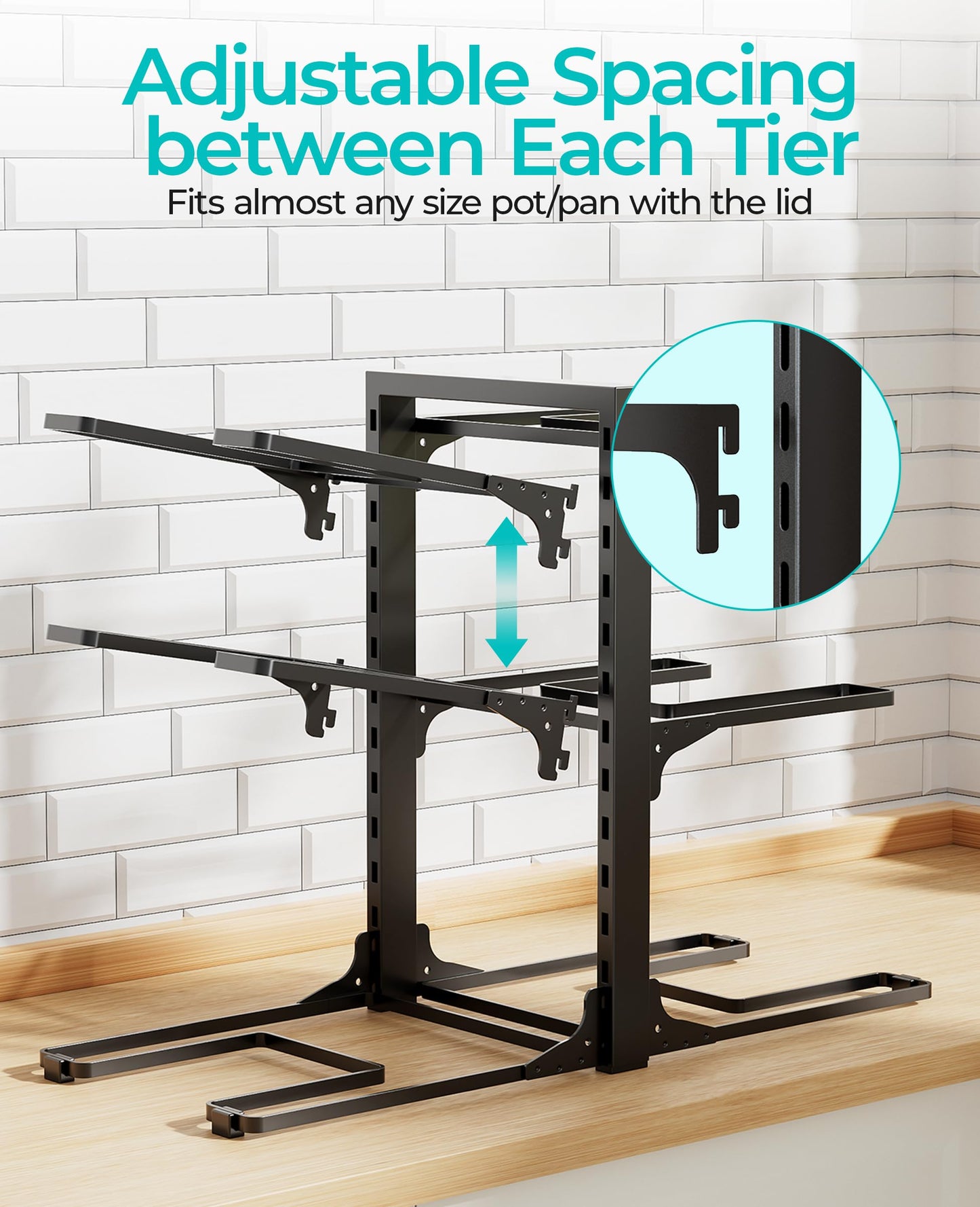 ORDORA Pots and Pans Organizer for Cabinet 16.61'' Height, 8 Tier Pot Organizers Rack with 3 DIY Methods, Adjustable Pan Organizer under Cabinet Kitchen Organization and Storage