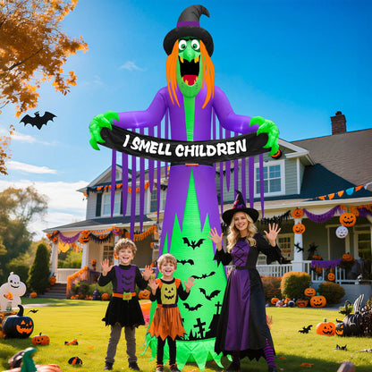 12 FT Giant Halloween Inflatables Witch Outdoor Decorations with LED Lights,Scary Witch Holds I Smell Children Banner Blow Up Halloween Decorations Outdoor Yard Garden Lawn Home with Stakes Tether