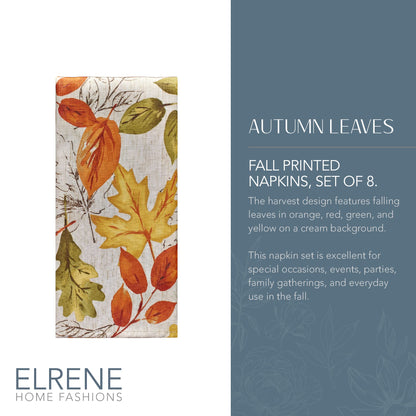 Elrene Home Fashions Autumn Leaves Printed Fall Cloth Dinner Napkins, 17" x 17", Set of 8