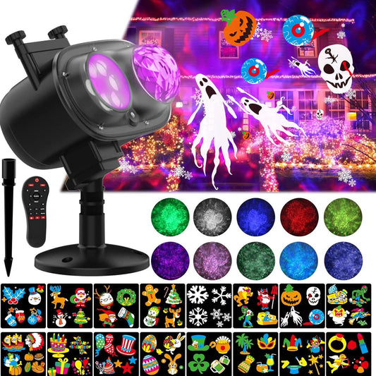 Halloween Slide Show LED Holiday Projector Outdoor, Waterproof 2-in-1 Ocean Wave Effect Outdoor Light Projector with 16 Slide Patterns & 10 Colors for House Garden Yard Xmas Decorations
