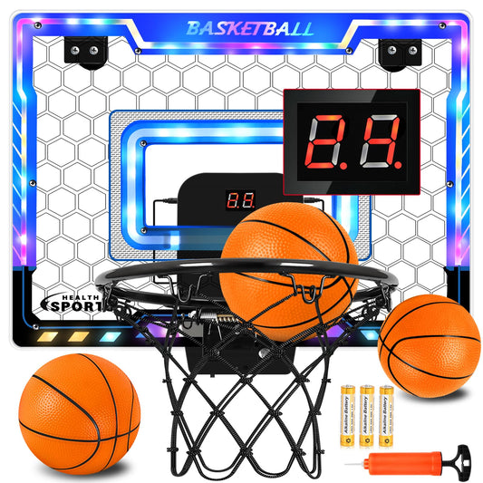 Jugana Mini Basketball Hoop Indoor with Scorer and Batteries, Indoor Basketball Hoop Over The Door with Colorful LED Lighting, Toy Basketball Set for Boys Girls Age 3 4 5 6 7 8