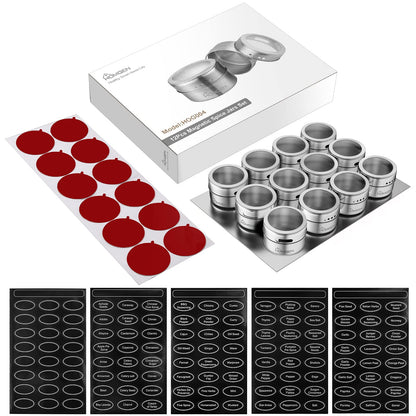 HOMGEN Magnetic Spice Jars 12-Pack - 3.4oz Stainless Steel Spice Containers with Magnet Strong Hold- Includes Labels & Chassis for Fridge/BBQ/Camping, Space-Saving Kitchen Organizer for Pantry & RVs