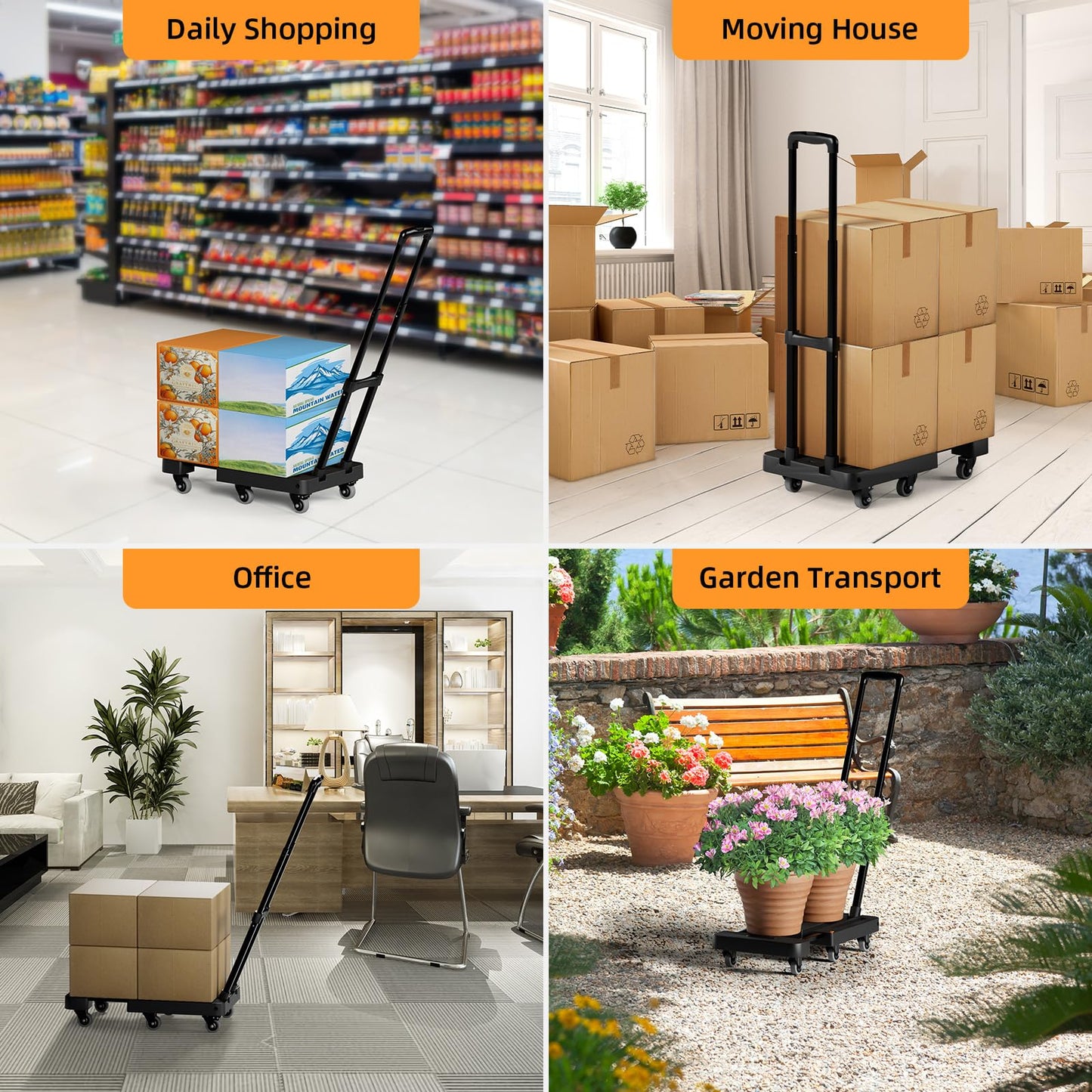 Folding Hand Truck, 500 LB Heavy Duty Luggage Cart, Utility Dolly Platform Cart with 6 Wheels & 2 Elastic Ropes for Luggage, Travel, Moving, Shopping, Office Use, Black