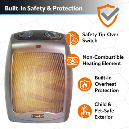 Lasko Portable Indoor Electric Ceramic Space Heater with Tip-Over Safety Switch, Overheat Protection and Thermostat, 2 Speeds, Safe for Home, 9.2 Inches, Dark Gray, 1500W, 754201