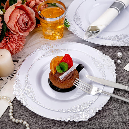 Hioasis 210pcs White and Silver Plastic Plates - Elegant Disposable Dinnerware Set Suitable for 30 Guests Include 10.25 Dinner & 7.5 Dessert Plates, Pre Rolled Silverware Set, Cups for Party & Wedding
