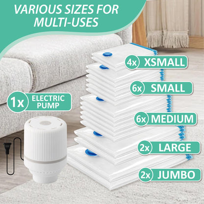 Cozy Essential 20 Pack Vacuum Storage Bags with Electric Pump, Vacuum Seal Space Saver Bags for Clothing, Pillows, Blanket, Bedding, Comforters