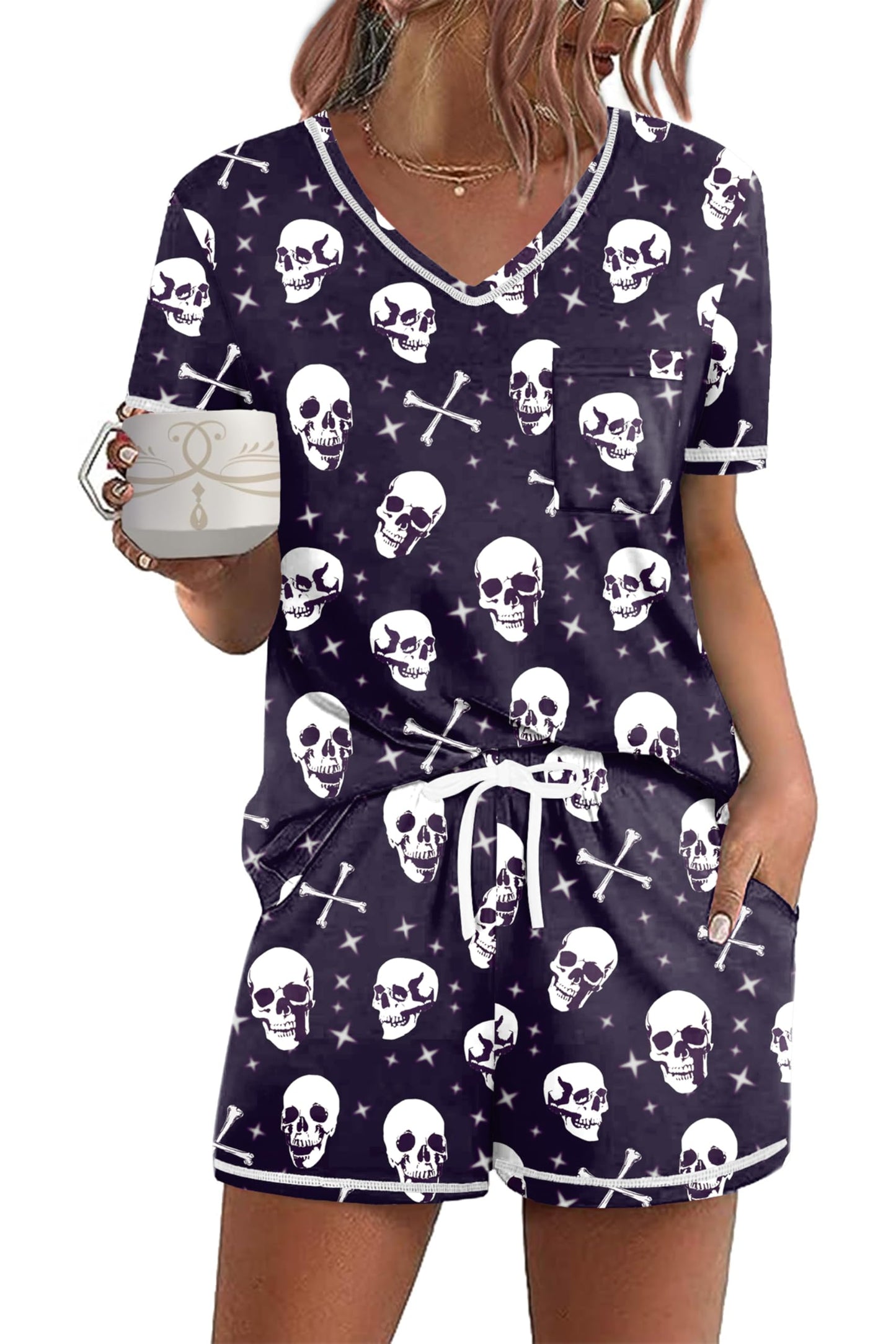 Ekouaer Women's Pajamas Sets Short Sleeve Lounge Sets Sleepwear Casual Two Piece Pjs With Pockets Halloween Skull Medium