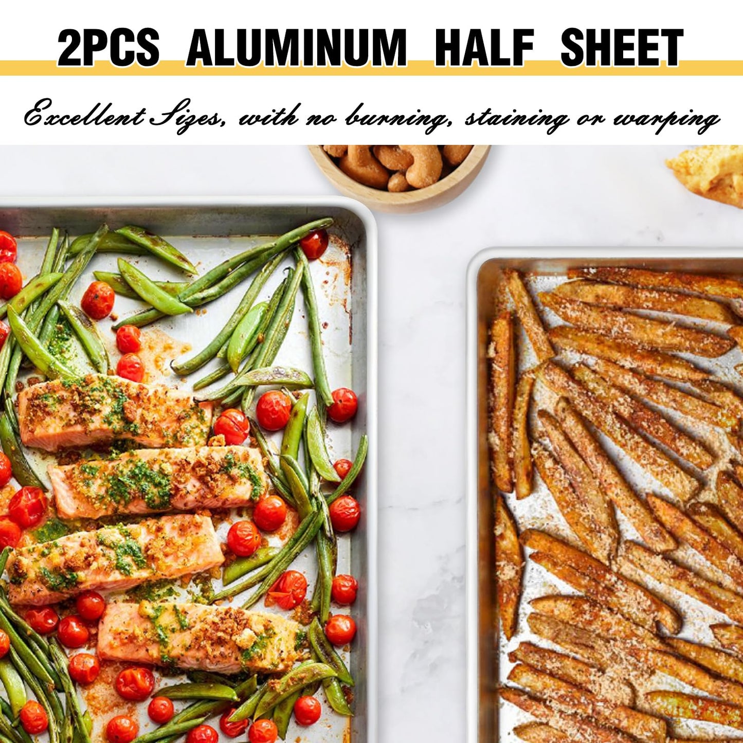 Commercial Quality Baking Sheet Pan Set, Natural Aluminum Cookie Sheet, Umite Chef Warp Resistant Baker's Half Sheet Pan, Large Thick Cookie Tray Pans for Baking, Roasting(2 Pack, 18X13In)
