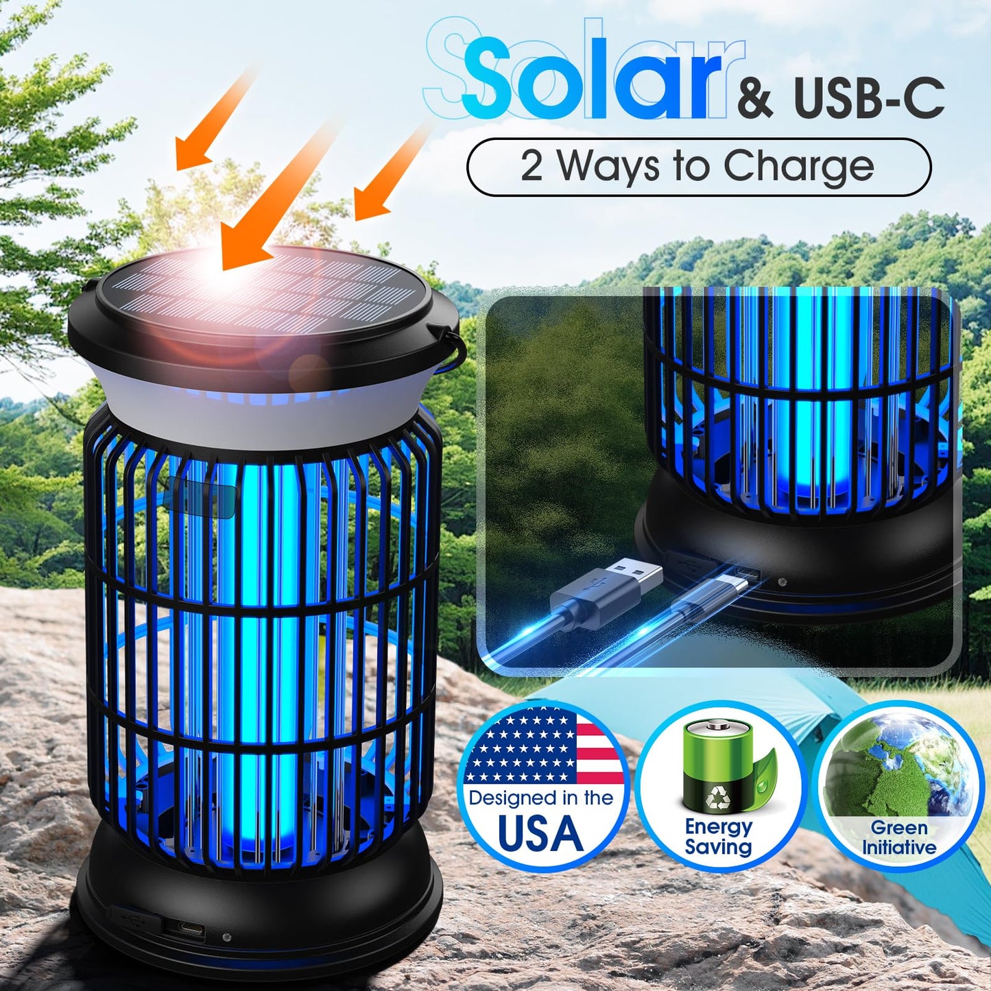 GTERT Solar Bug Zapper Outdoor, Electric Bug Zapper, 6000mAh Rechargeable Mosquito Zapper, Cordless Fly Zapper, 4 Modes Waterproof Insect Zapper for Home Garden Patio Backyard Camping