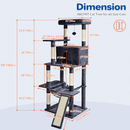 ABCPET Cat Tree Tower 63in Multi-Level Cat Tower for Indoor Cats with Sisal Scratching Posts, Condo, Hammock, Dangling Ball and Extended Platform for Cats to Play, Dark Grey