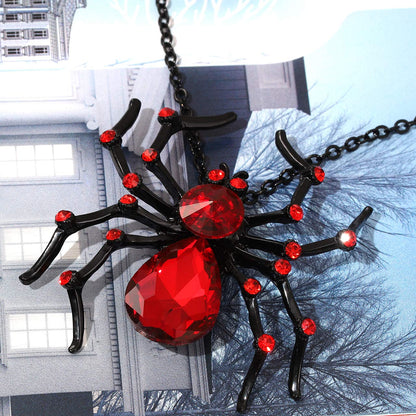 Halloween Spider Necklace Big Black Red Crystal Spider Pendant Halloween Party Costume Accessories Necklace Statement Long Necklaces (Red)
