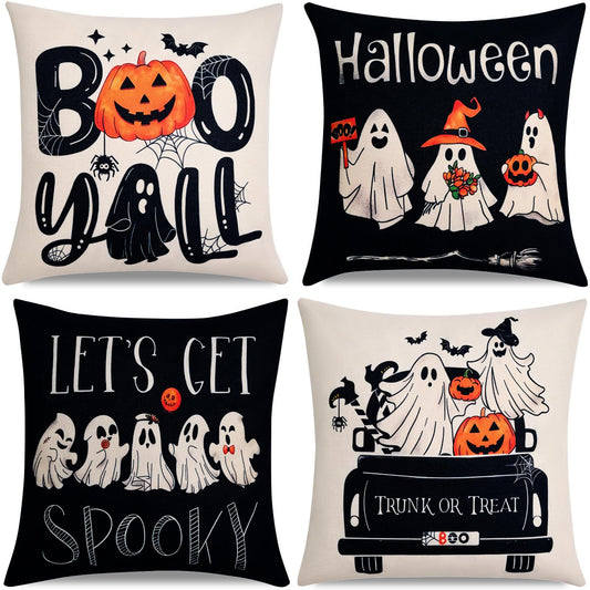 Hongsome Ghost Halloween Decor-Throw Pillow Covers 18x18 in Set of 4,Spooky Gothic Linen Pillow Case for Couch Fall Christmas Holiday Outdoor Burnt Orange Black White Decorations