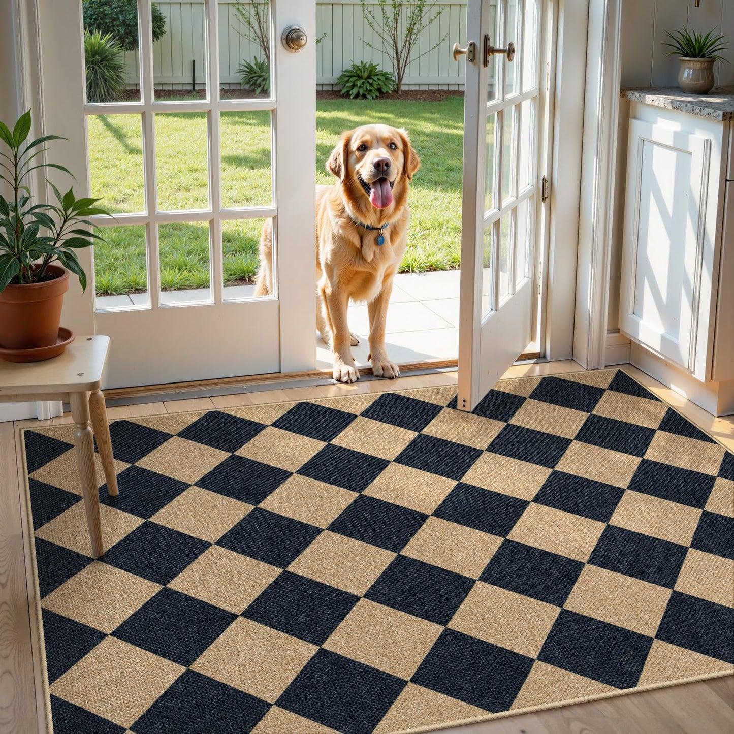 Lahome Checkered Easy Jute 3x5 Outdoor Patio Rug, Washable Rugs for Entryway Diamond Indoor Outdoor Living Room Carpet, Farmhouse Neutral Non Slip Black Door Carpet for Backyard Bedroom
