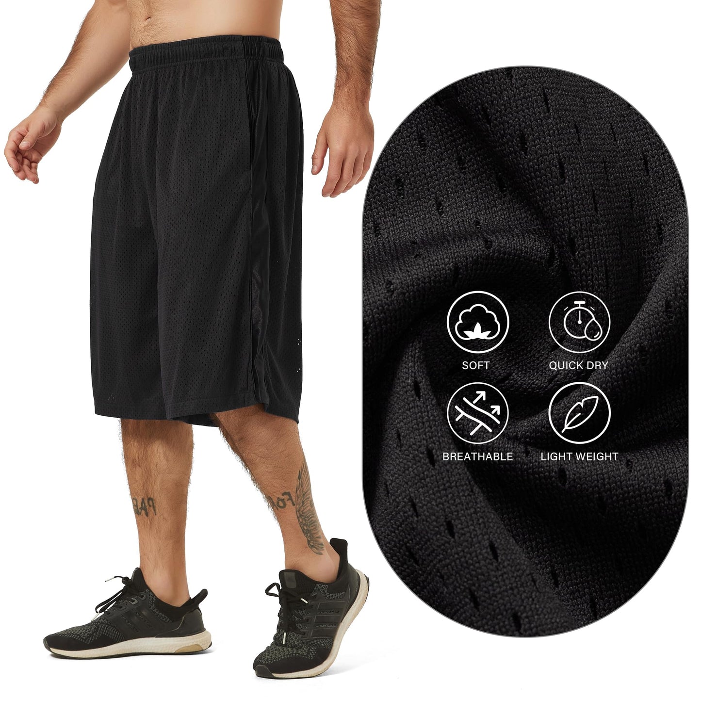 HQUEC Men's 12" Basketball Shorts Long Athletic Workout Gym Mesh Shorts Below Knee Loose-Fit with Pockets Black M