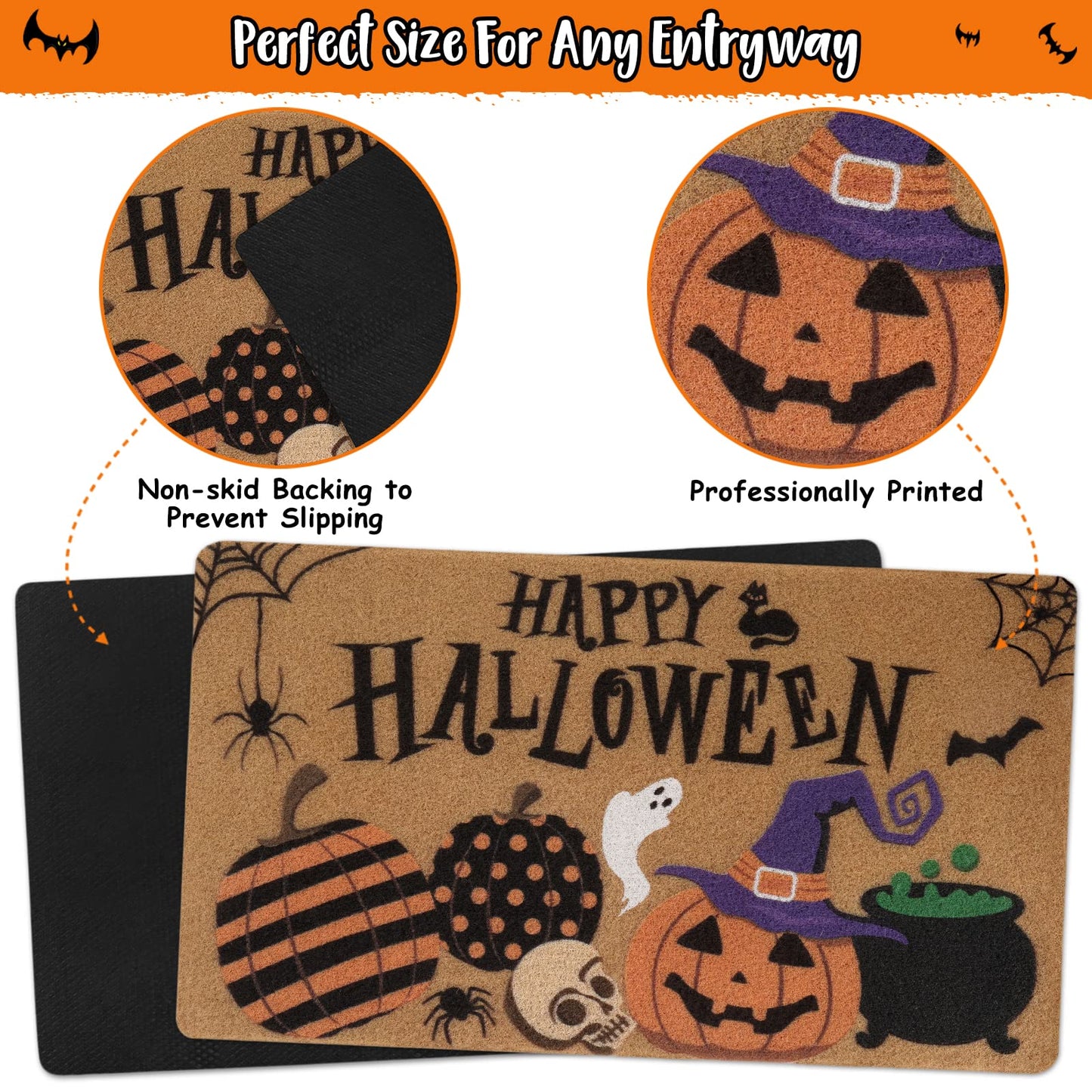 Happy Halloween Jack O'Lantern Doormat Spooky Indoor Outdoor Home Front Porch Rugs Witches Hat Brewing Carpet Gift Fall October Entrance Ornament Supplies 17 x 30 Inches