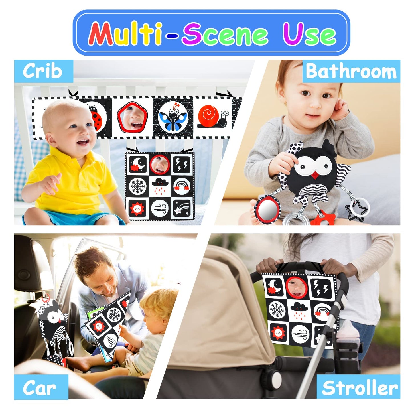 KUANGO Black and White High Contrast Baby Toys 0-6 Months with Mirror, Crinkle and Rattles, Soft Baby Toys for Brain Development Montessori Sensory Tummy Time Newborn Infant for 0 3 6 9 Months Old