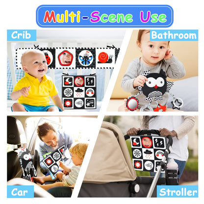 KUANGO Black and White High Contrast Baby Toys 0-6 Months with Mirror, Crinkle and Rattles, Soft Baby Toys for Brain Development Montessori Sensory Tummy Time Newborn Infant for 0 3 6 9 Months Old