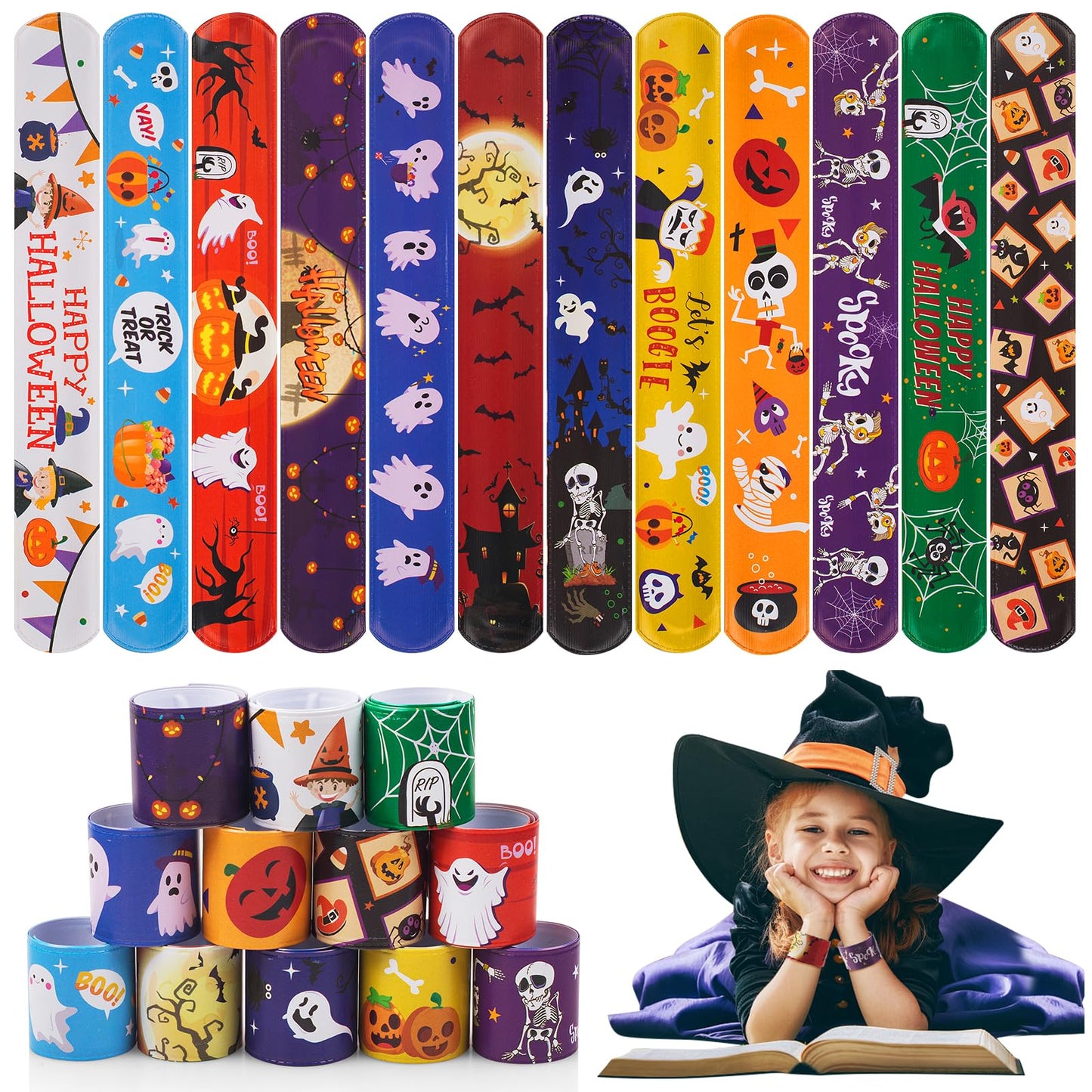 hexiaoxiao Halloween Slap Bracelets for Kids Halloween Party Favors Friendship Bracelets Bulk for Halloween Party Supplies Snap Bracelet Gifts Classroom Prizes Exchanging Gifts (36)