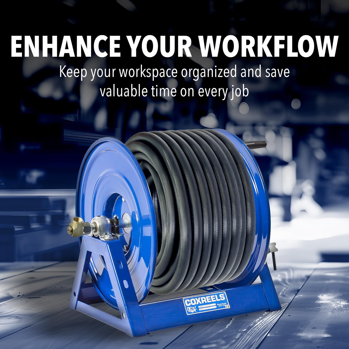 Coxreels 112-3-100 Hand Crank Hose Reel - Heavy-Duty Steel Frame for Stability - Adjustable Tension Brake for Controlled Operation- Fits 3/8 x 100 ft Hose - 12 x 18.25 x 13 inches