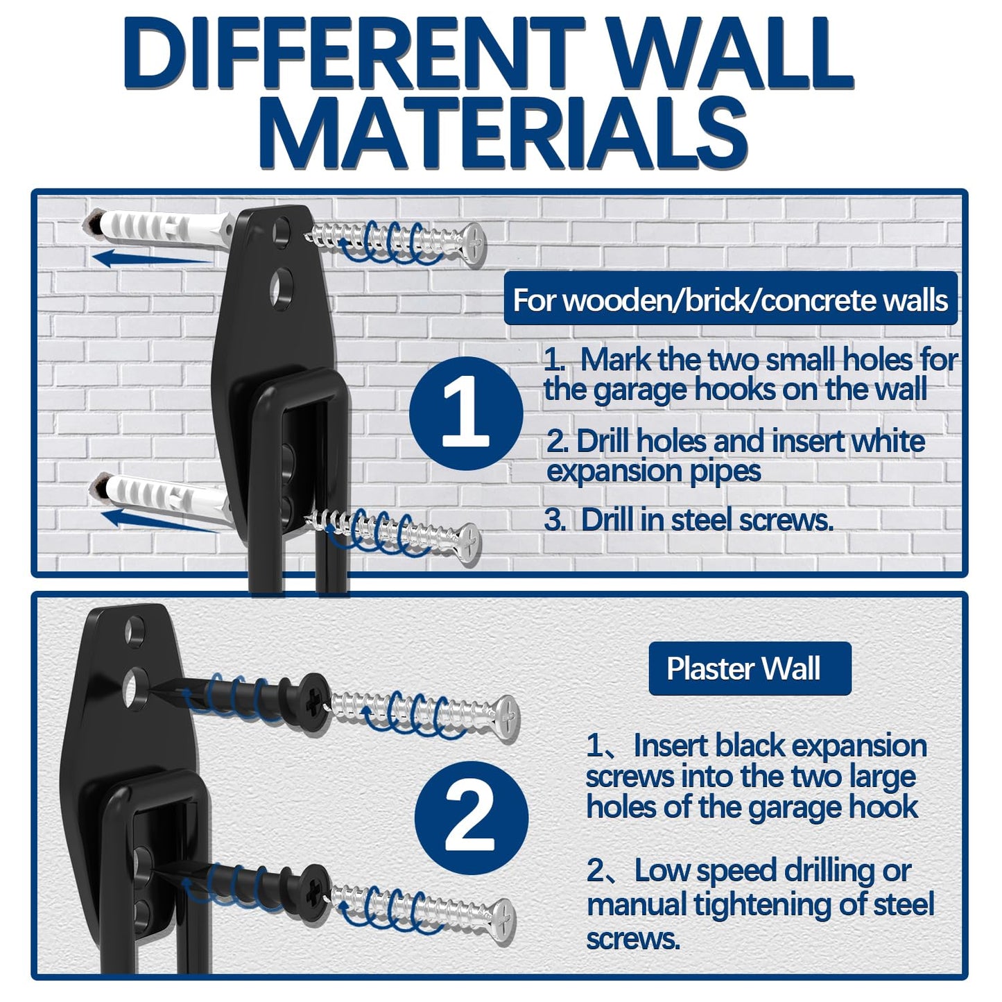 3-H Garage Wall Hooks 14 Pack, Garage Hooks Heavy Duty with Extra Welding Spots, Wall Mount Storage Organizer for Hanging Garden Lawn Tools, Ladder, WeedEater, Chair, Shovel, Blower (Black)