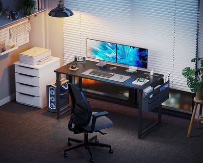 KKL Small Desk with Power Outlets and USB Port Computer Desk for Home Office Gaming Simple Modern Style Writing Desks with Storage Bag Headphone Hook, 48 inch, Black