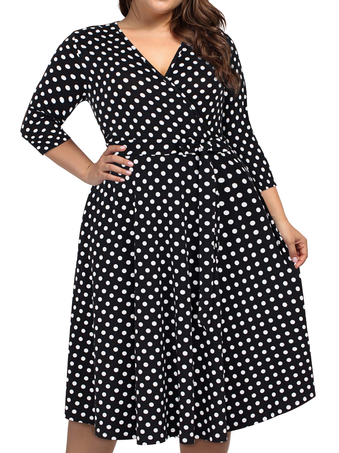 kissmay Plus Size Polka Dot Dress for Women, Plus Size 3/4 Sleeves Fall Halloween Dresses for Women 2025 Wedding Guest Evening Holiday Black Dot 18W