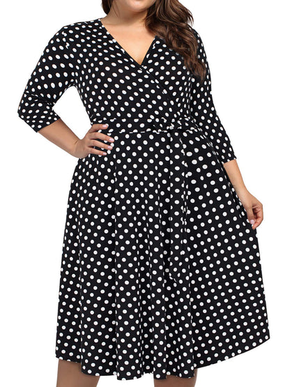 kissmay Plus Size Polka Dot Dress for Women, Plus Size 3/4 Sleeves Fall Halloween Dresses for Women 2025 Wedding Guest Evening Holiday Black Dot 18W