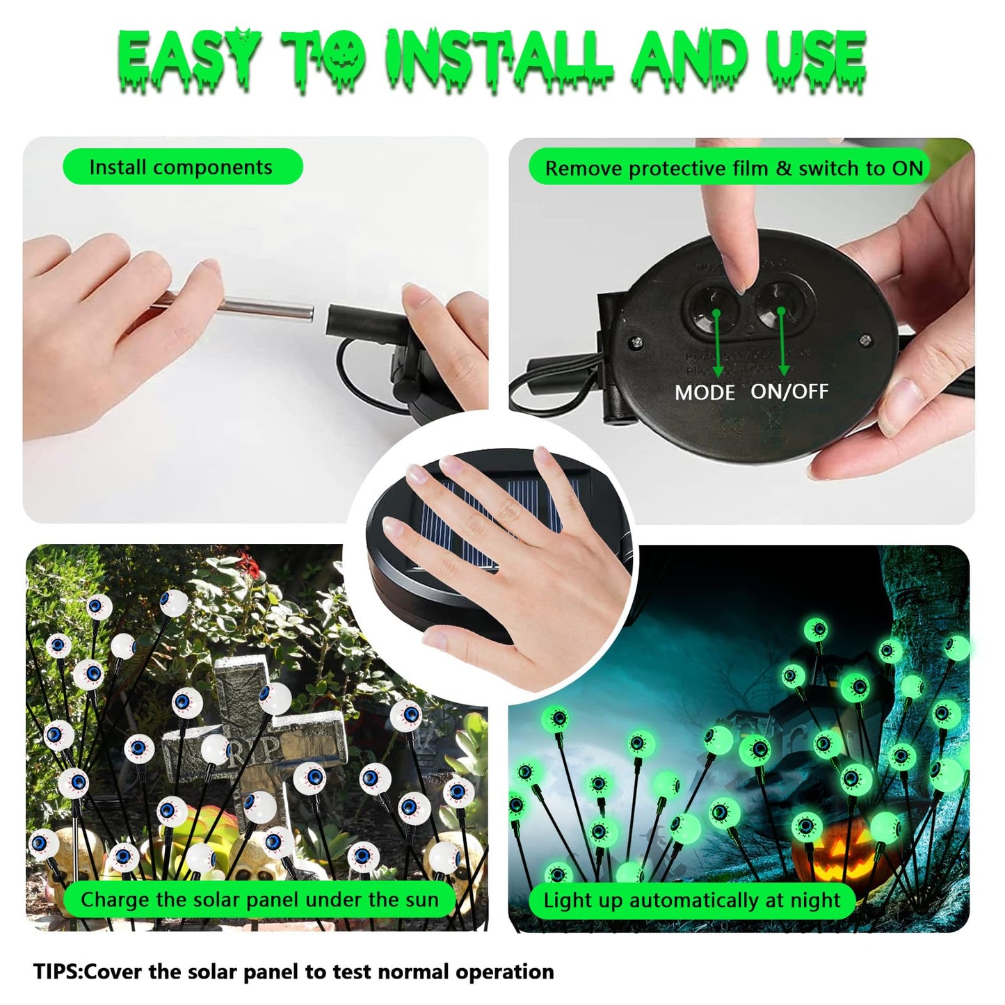 2025 Upgraded 6 Pack Halloween Decorations Outdoor, Green Solar Eyeball Lights, 36 LED Eye Balls Swaying Firefly Light Waterproof (Soft Glowing or Steady on) for Garden Lawn Pathway Grave Yard Decor