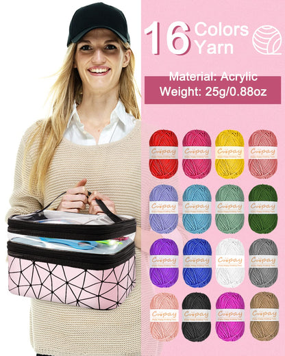 Coopay Crochet Kit for Beginner Adult Kids, 16 Colors Yarn, Portable, Double-Layer Case, Suitable for Kids & Adults