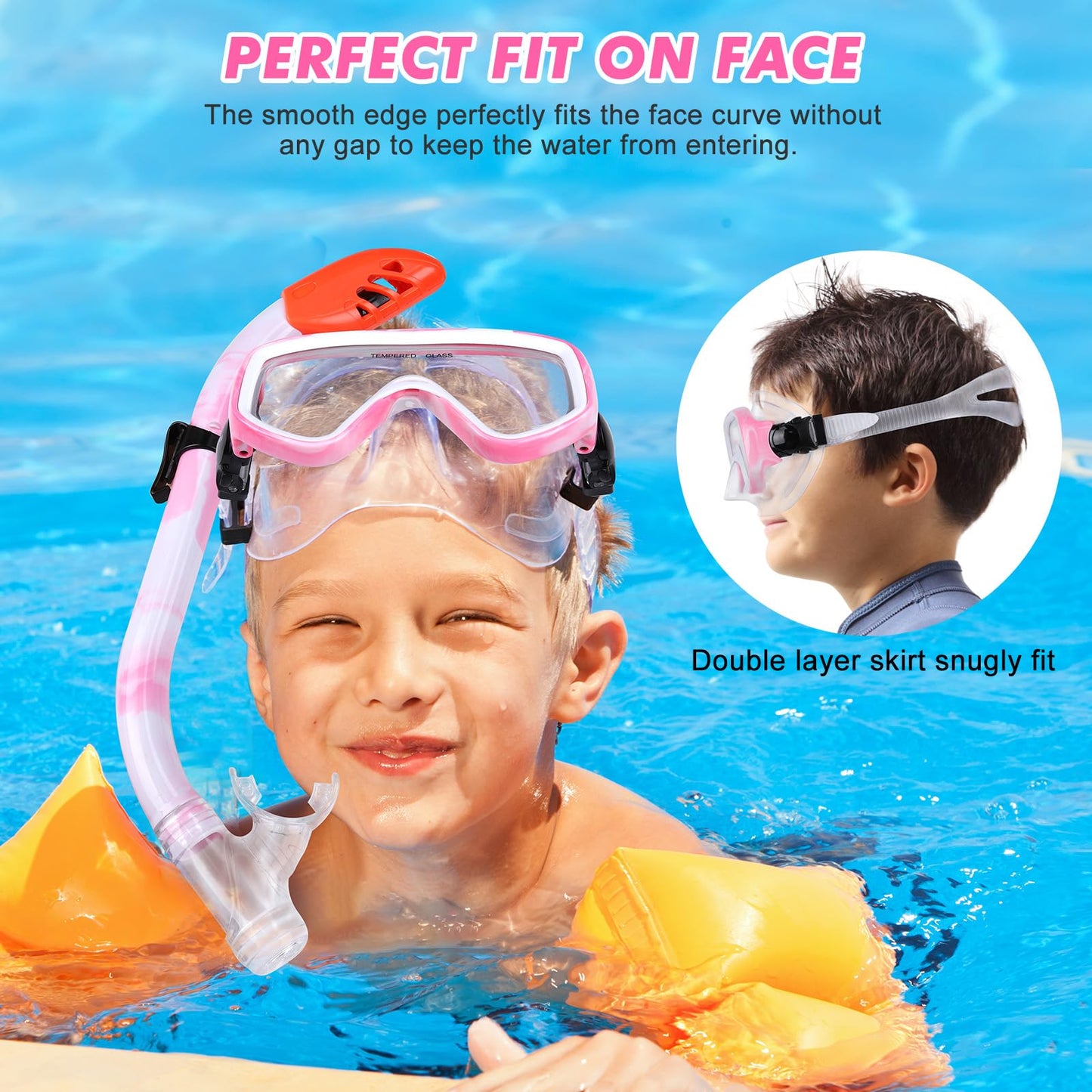 Kids Snorkel Set, Children Anti-Fog Diving Mask Swimming Goggles Full Dry Top Snorkel Equipment Snorkeling Packages Swimming Gear for Youth Boys Girls Age 5-10 (Pink White)