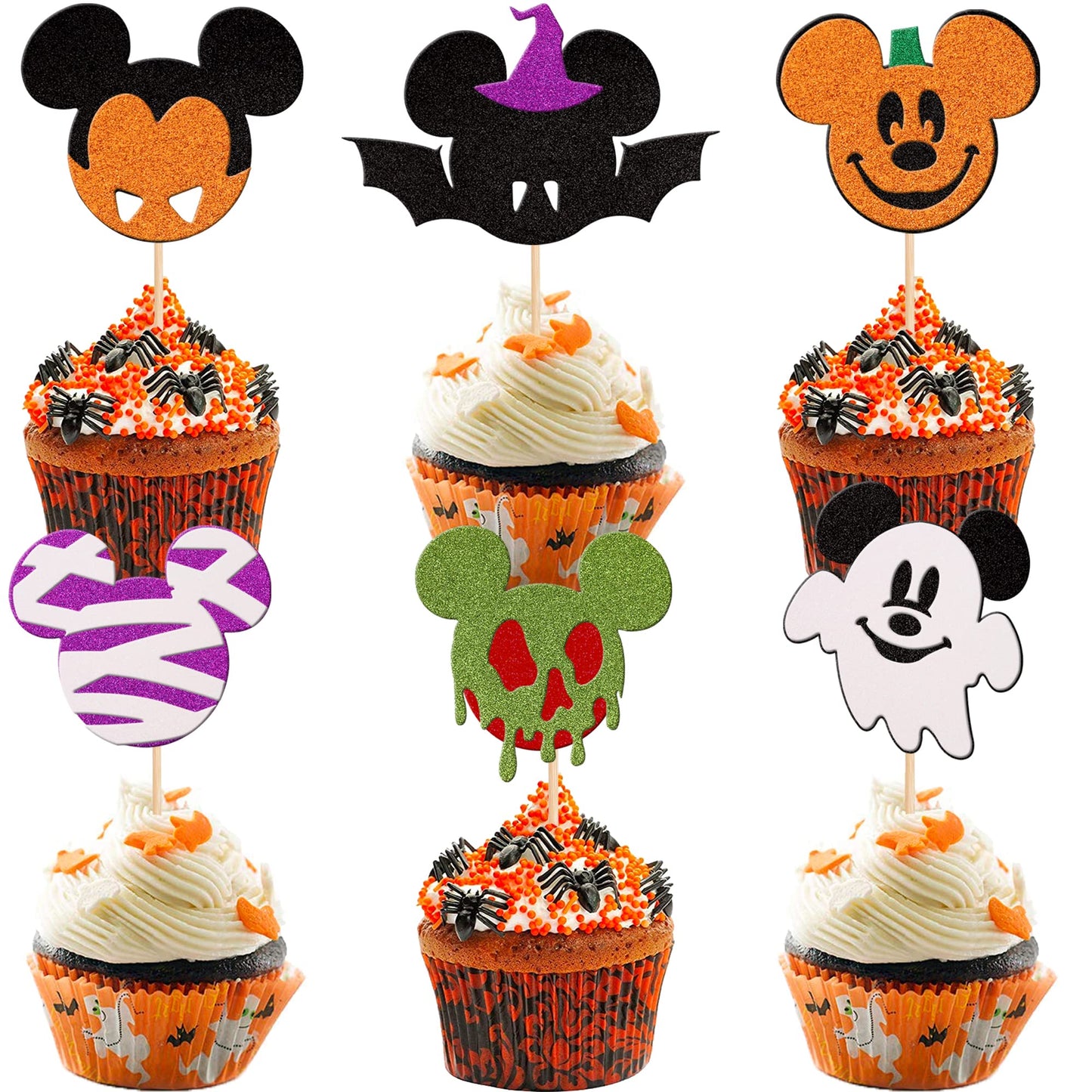 36 PCS Mini Mouse Inspired Halloween Cupcake Toppers Glitter Witch Hat Bat Zombie Mummy Ghost Spooky Cupcake Picks for Halloween Mini Theme Baby Shower Birthday Party Cake Decorations Supplies