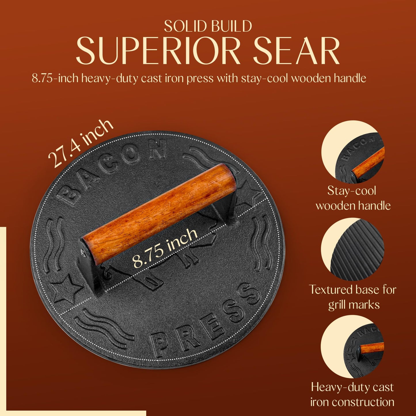 Heavy-Duty Cast Iron Burger Press 8.5 Inch Round Burger Smasher, Grill Press for Cooking Burgers, Bacon, Sandwiches, Steak, Ground Beef, Meats, Sausages, and So On