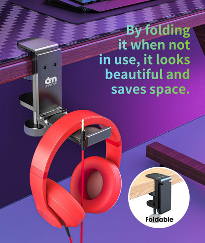 6amLifestyle Foldable Headphone Hodler Hook Hanger Stand Under Desk, Headphone Wall Mount with Cable Organizer Save Space Metal, Headset Holder Clamp for Headphones Gaming PC Headsets, Purse Handbag