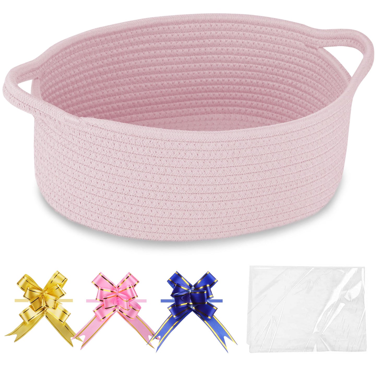 COMSE Small Woven Basket with Gift Bags and Ribbons, Gift Basket Empty, Cotton Rope Storage Organizer, Baby Toy Box with Handles, 12" x 8" x 5", Light pink