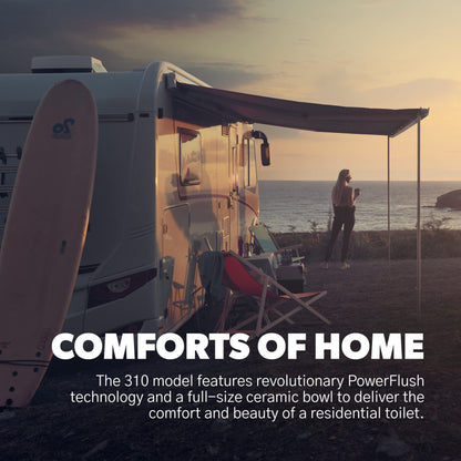 Dometic 310 Standard Toilet - White, Oblong Shape, Lightweight and Efficient with Pressure-Enhanced PowerFlush and Slow Close Seat Cover - Perfect for Modern RVs (302310081)