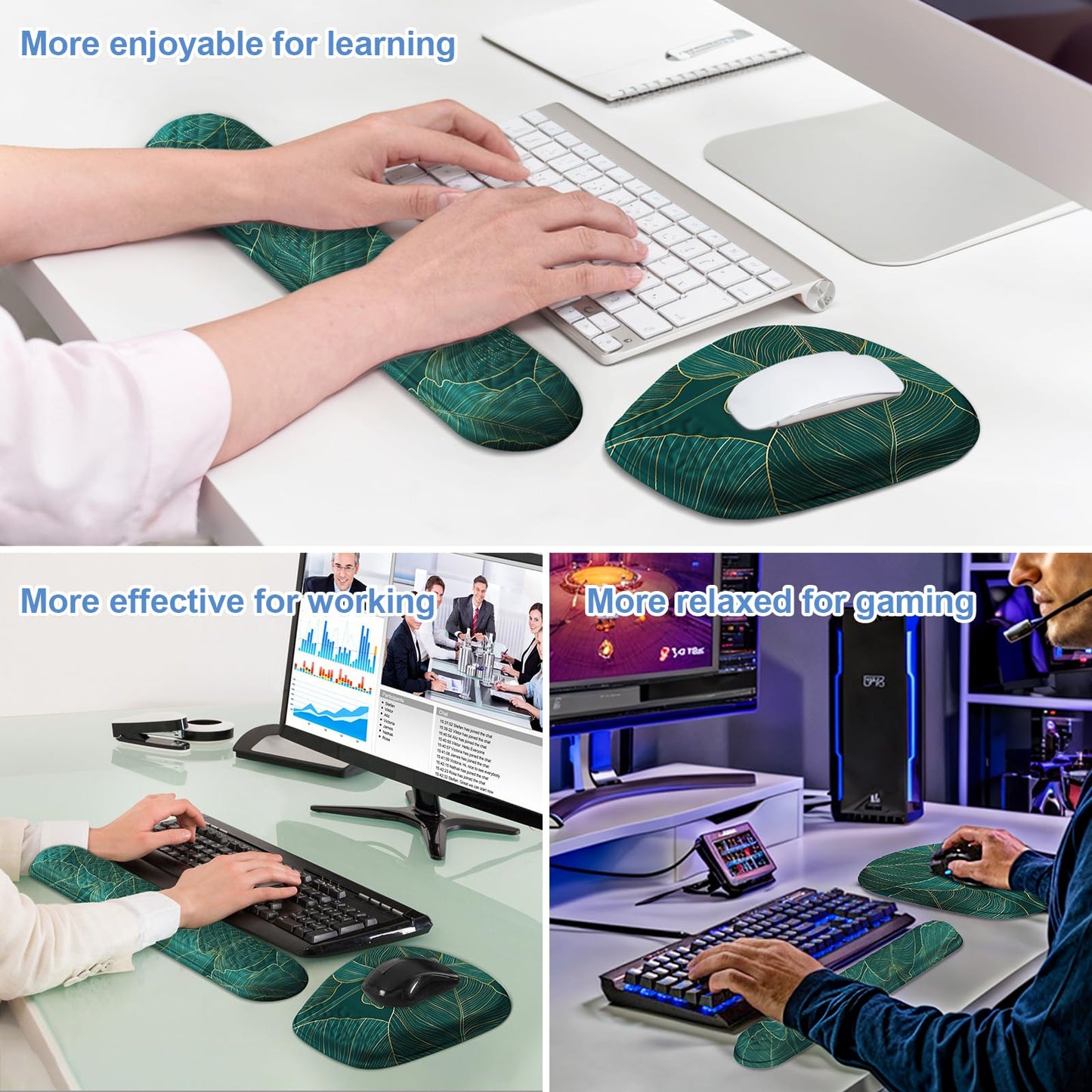Laokiiy Mouse Pad with Wrist Rest, Comfortable Memory Foam Wrist Rest for Computer Keyboard, Ergonomic Mouse Pad Set for Easy Typing & Pain Relief for Office & Home, Green