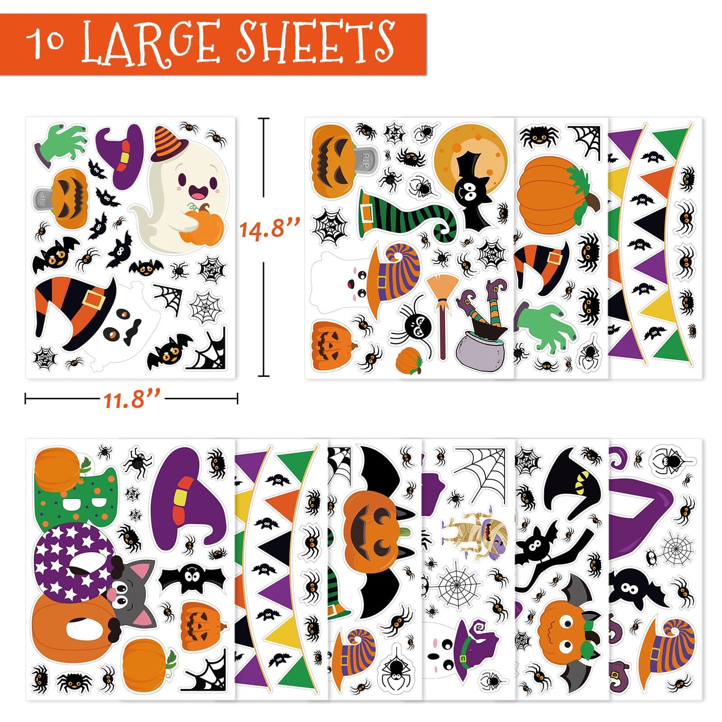 232 Pcs Halloween Decorations Window Clings Decals, 10 Sheet Large Halloween Black Spiders/Cute Pumpkins Stickers Decorations, Halloween Window Stickers for Kids/School/Home/Office Supplies
