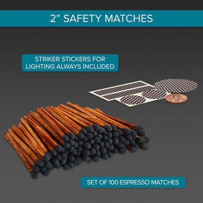 2" Brown Stick Black Tip Espresso Style Safety Matches | 100+ Artisan Bulk Matchsticks with Adhesive Strikers by Thankful Greetings | Unique Candle Lighting for Your Home, Gifts, & Events