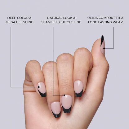 KISS Salon Acrylic, Press On Nails, Nail glue included, 'Flame', Dark Black, Short Size, Coffin Shape, Includes 28 Nails, 2g glue, 1 Manicure Stick, 1 Mini File