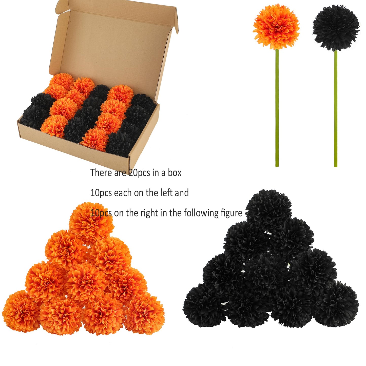 Kimura's Cabin 20Pcs Faux Mums Flowers Fake Chrysanthemum Artificial Silk Ball Flowers for Halloween Garden Home Kitchen Table DIY Decoration Center Fall Bouquets (Orange Black)