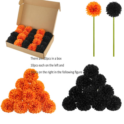 Kimura's Cabin 20Pcs Faux Mums Flowers Fake Chrysanthemum Artificial Silk Ball Flowers for Halloween Garden Home Kitchen Table DIY Decoration Center Fall Bouquets (Orange Black)