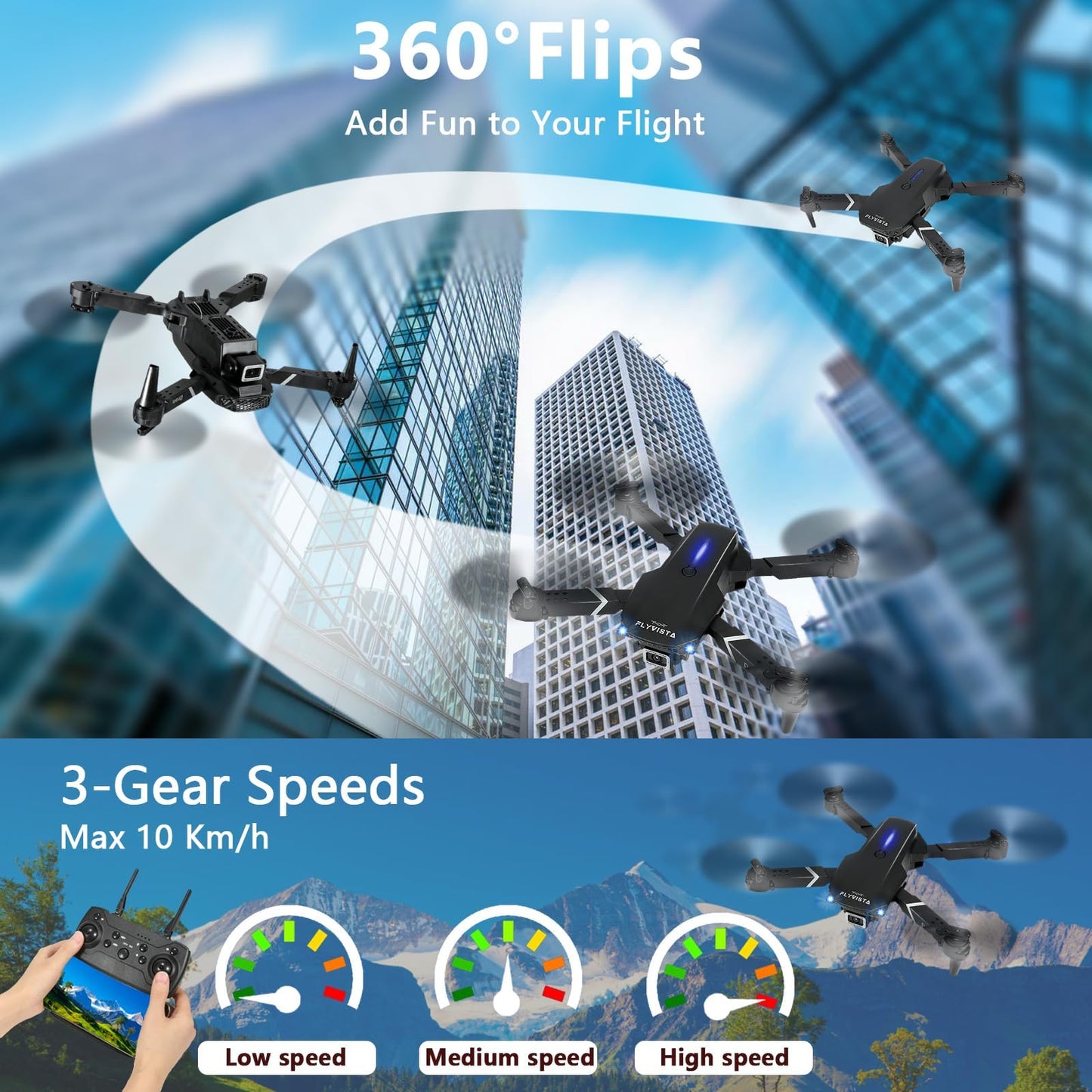 FLYVISTA Mini Drone with Camera for Adults Kids, 1080P WiFi FPV Camera Drone with 3 Batteries, One-Click Take Off/Landing, Altitude Hold, Headless Mode, 360° Flips, 3-Gear Speeds, Emergency Stop, Carrying Case, Toys Gifts for Kids and Adults Beginner