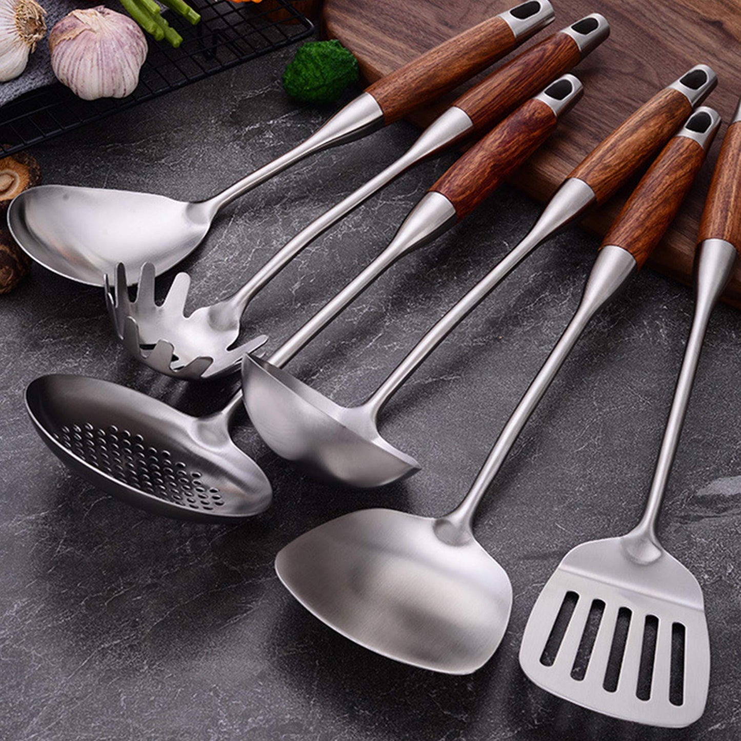 GXONE Cooking Utensils Set,7pcs 304 Stainless Steel Kitchen Utensils Set with Holder,Heat Resistant Wooden Handle Kitchen Tools